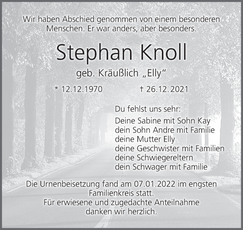  Traueranzeige für Stephan Knoll vom 10.01.2022 aus MGO