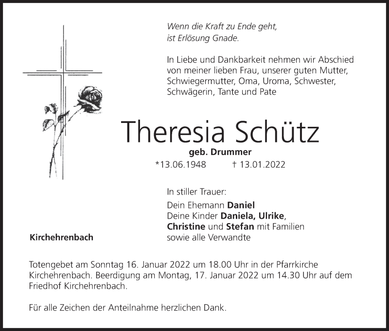  Traueranzeige für Theresia Schütz vom 15.01.2022 aus MGO