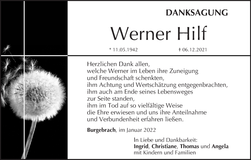  Traueranzeige für Werner Hilf vom 15.01.2022 aus MGO