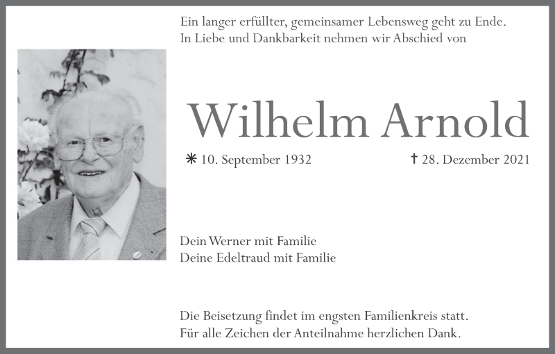  Traueranzeige für Wilhelm Arnold vom 31.12.2021 aus MGO