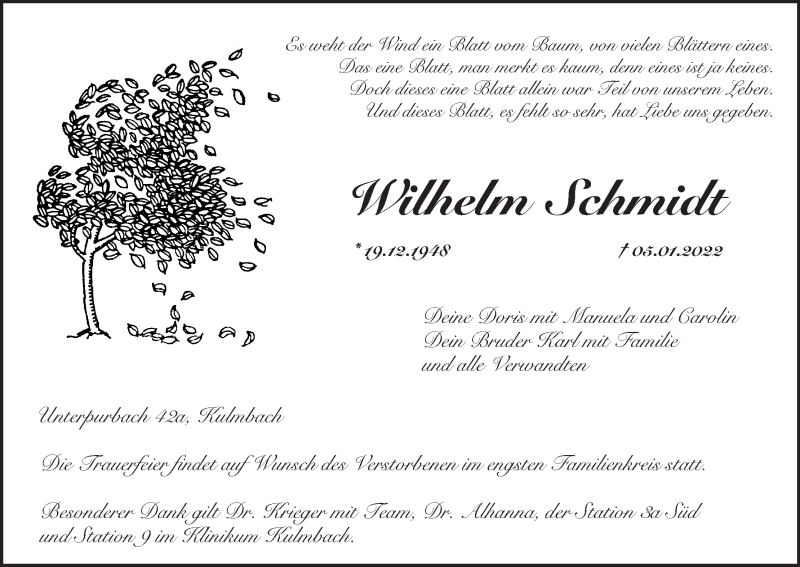  Traueranzeige für Wilhelm Schmidt vom 11.01.2022 aus MGO