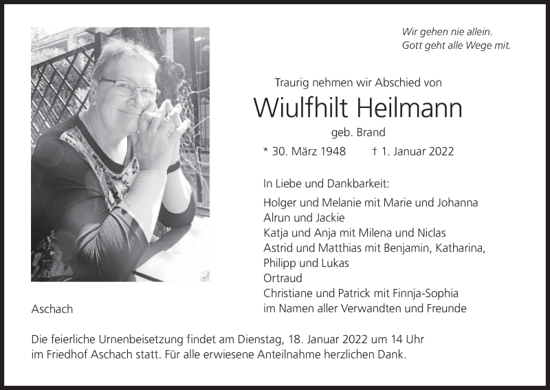  Traueranzeige für Wiulfhilt Heilmann vom 15.01.2022 aus MGO