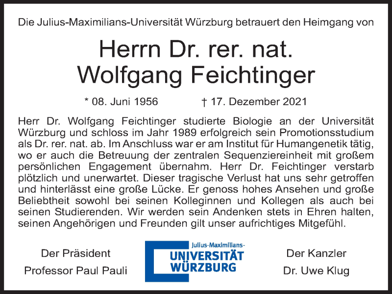  Traueranzeige für Wolfgang Feichtinger vom 31.12.2021 aus MGO