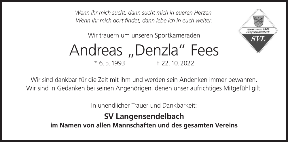  Traueranzeige für Andreas  Fees vom 29.10.2022 aus MGO