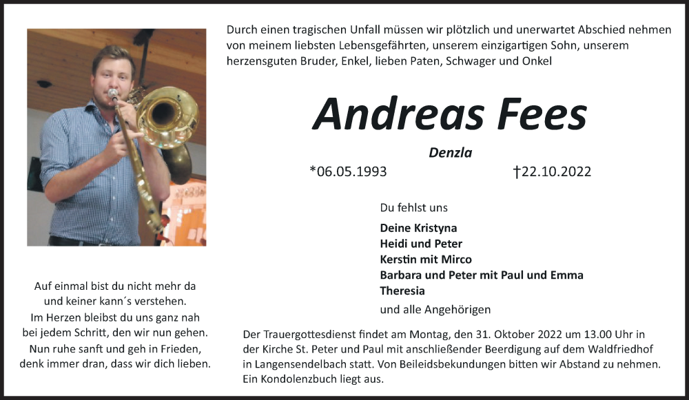  Traueranzeige für Andreas  Fees vom 29.10.2022 aus MGO