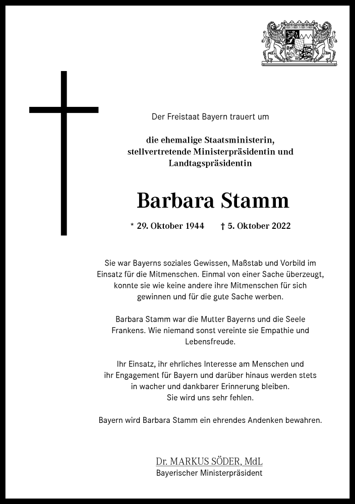  Traueranzeige für Barbara Stamm vom 08.10.2022 aus MGO