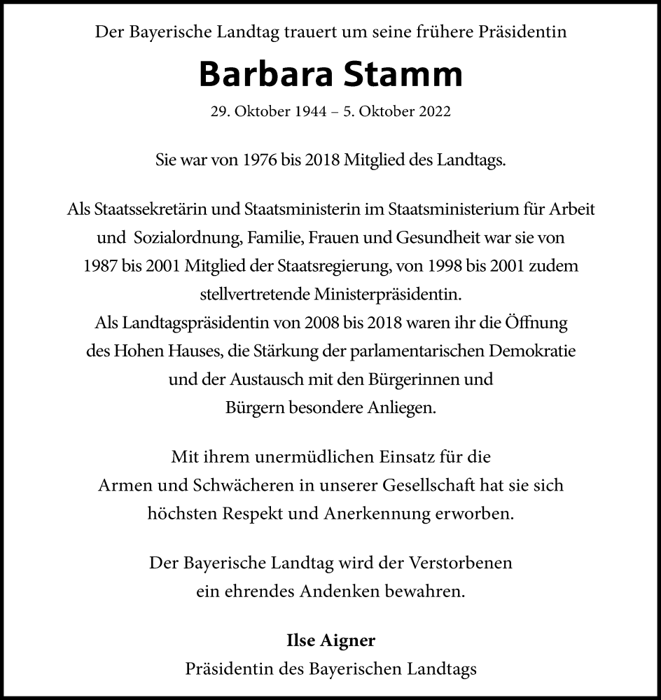  Traueranzeige für Barbara Stamm vom 08.10.2022 aus MGO