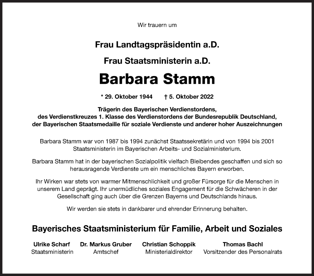  Traueranzeige für Barbara Stamm vom 08.10.2022 aus MGO