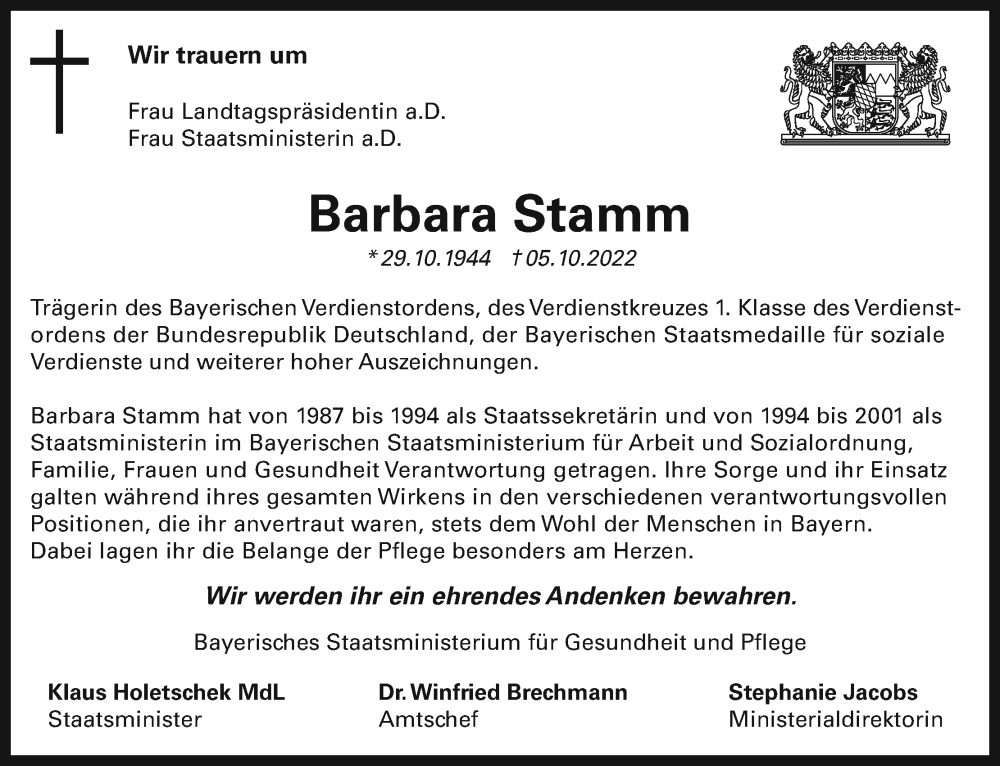  Traueranzeige für Barbara Stamm vom 14.10.2022 aus MGO