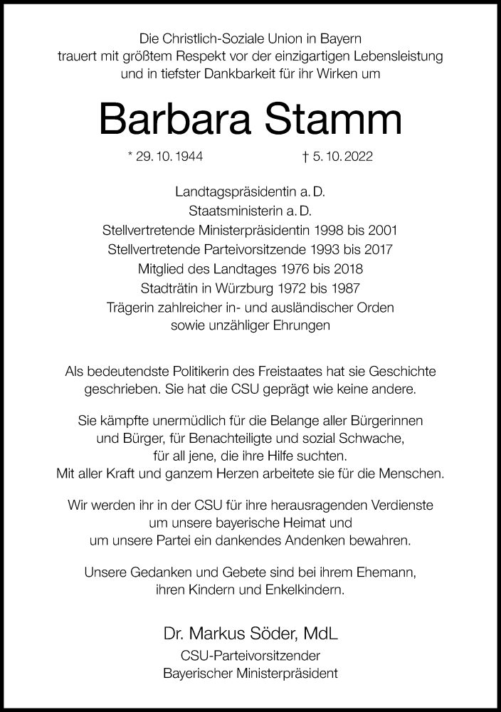 Barbara Stamm Traueranzeige Trauer Infranken De