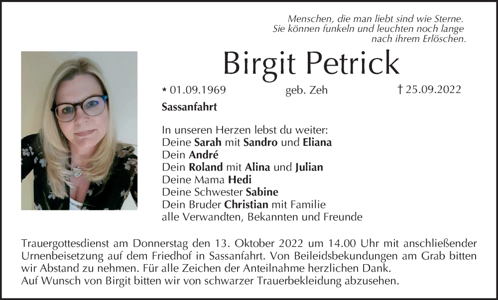  Traueranzeige für Birgit Petrick vom 08.10.2022 aus MGO