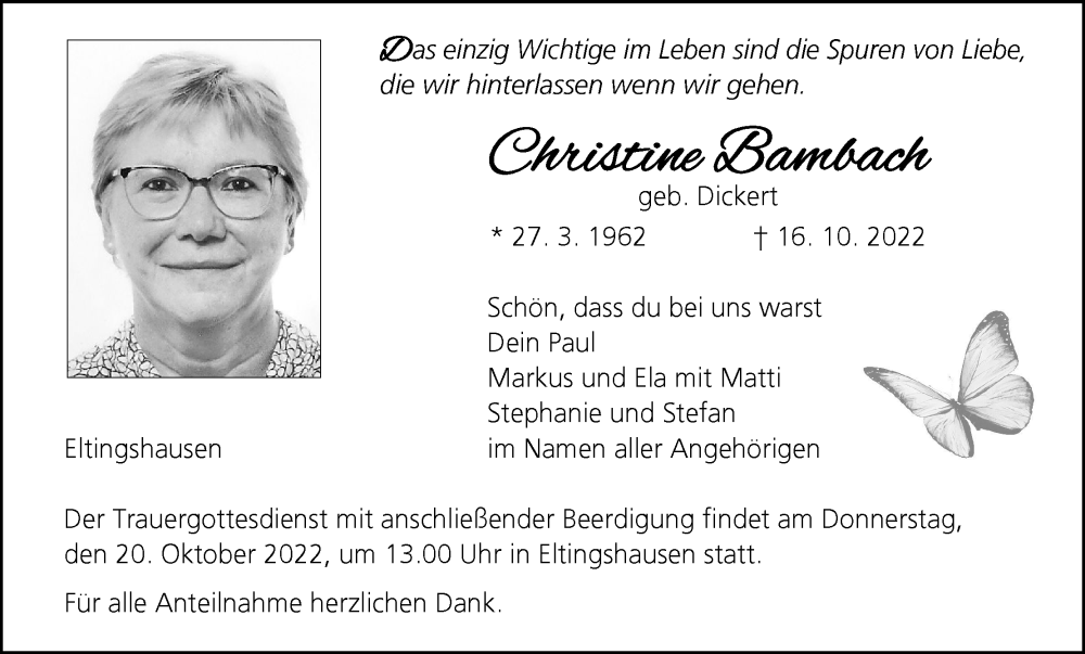  Traueranzeige für Christine Bambach vom 18.10.2022 aus MGO