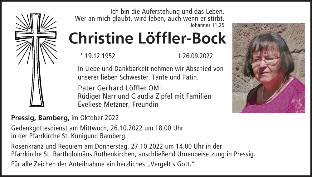  Traueranzeige für Christine Löffler-Bock vom 22.10.2022 aus MGO