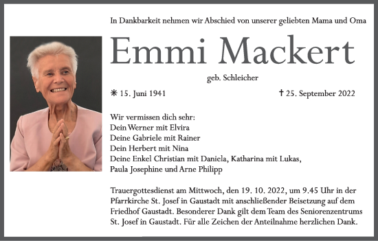 Anzeige von Emmi Mackert von MGO