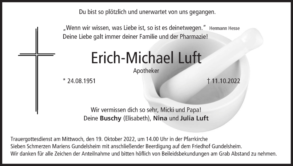  Traueranzeige für Erich-Michael Luft vom 15.10.2022 aus MGO