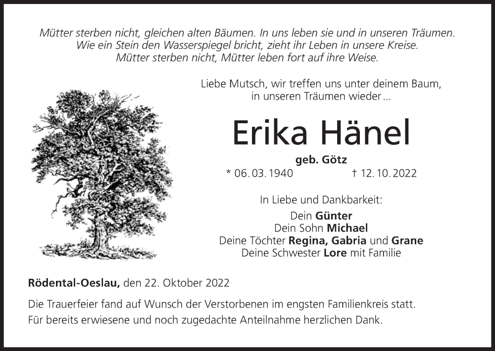  Traueranzeige für Erika Hänel vom 22.10.2022 aus MGO