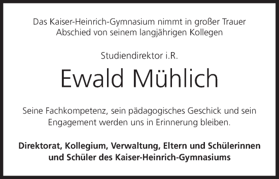 Anzeige von Ewald Mühlich von MGO