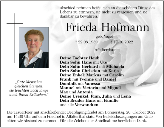 Frieda Hofmann | Traueranzeige | trauer.inFranken.de