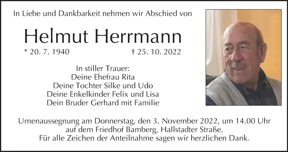  Traueranzeige für Helmut Herrmann vom 29.10.2022 aus MGO