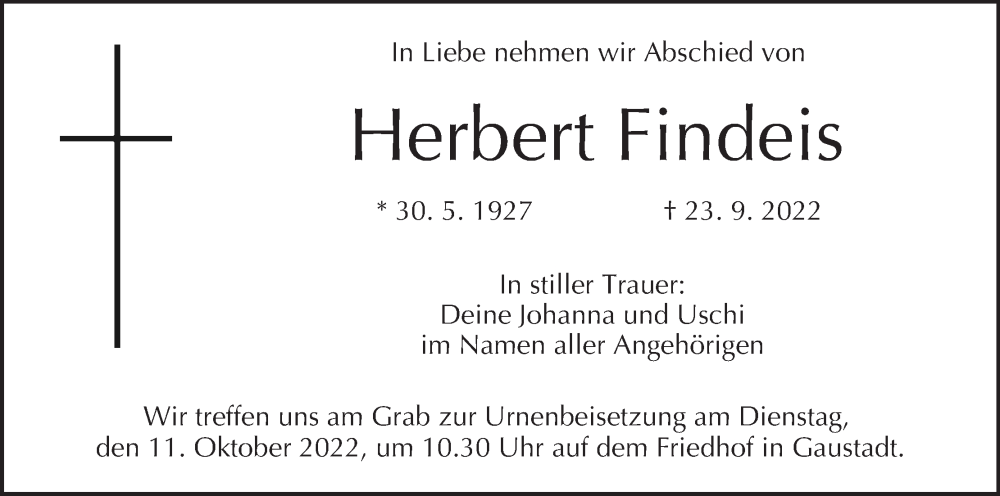  Traueranzeige für Herbert Findeis vom 08.10.2022 aus MGO