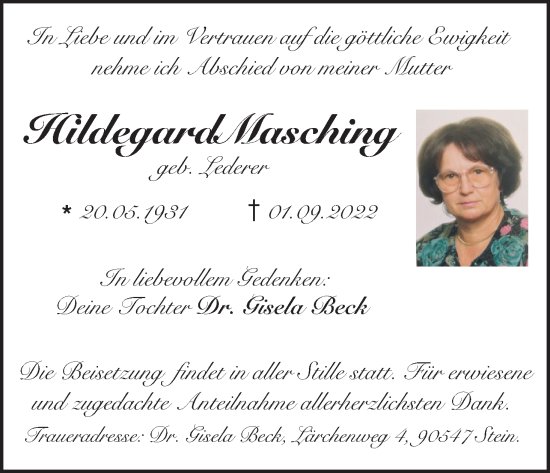 Anzeige von Hildegard Masching von MGO