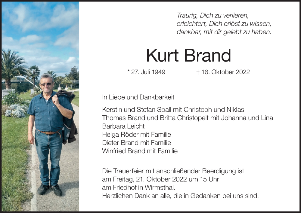  Traueranzeige für Kurt Brand vom 19.10.2022 aus MGO