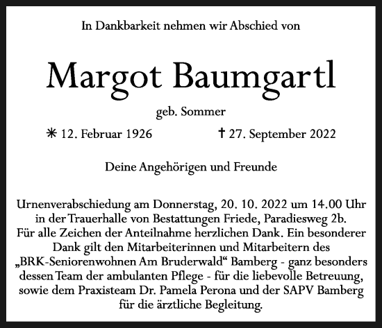 Anzeige von Margot Baumgartl von MGO