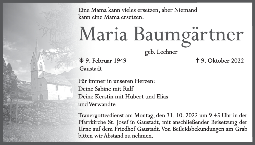  Traueranzeige für Maria Baumgärtner vom 29.10.2022 aus MGO