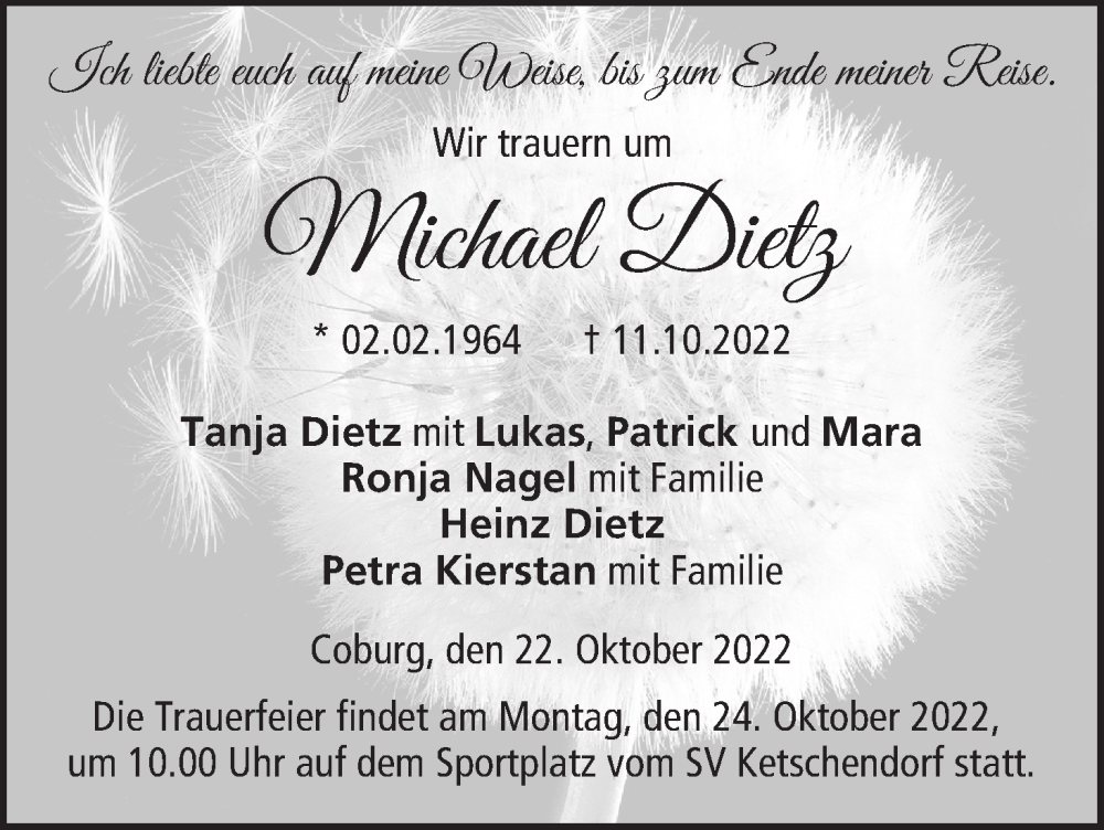  Traueranzeige für Michael Dietz vom 22.10.2022 aus MGO