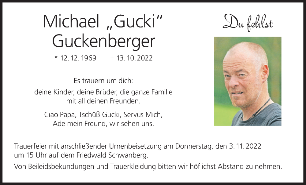  Traueranzeige für Michael Guckenberger vom 27.10.2022 aus MGO