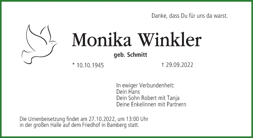  Traueranzeige für Monika Winkler vom 22.10.2022 aus MGO