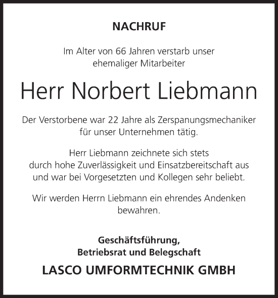 Anzeige von Norbert Liebmann von MGO