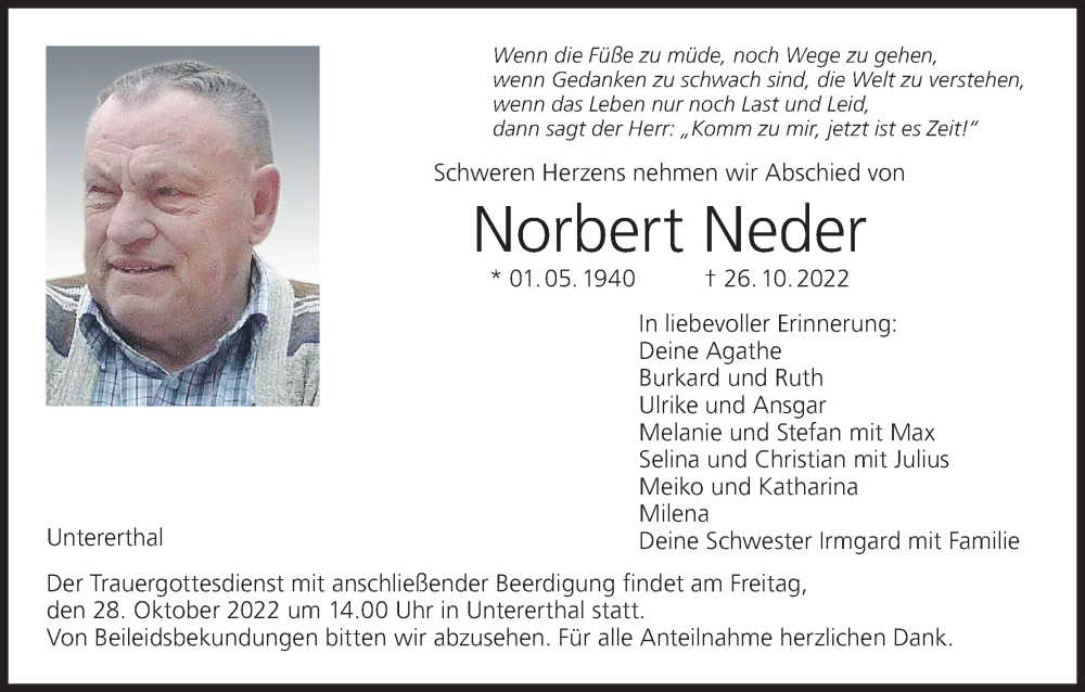  Traueranzeige für Norbert Neder vom 27.10.2022 aus MGO