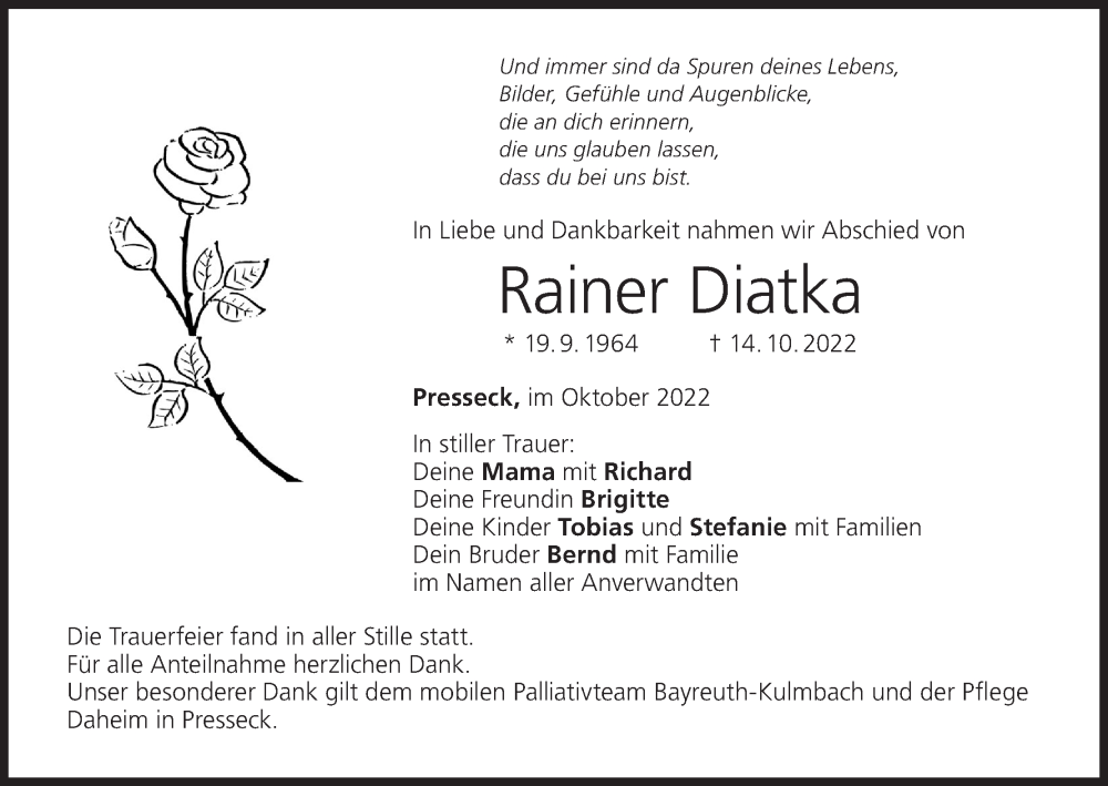  Traueranzeige für Rainer Diatka vom 29.10.2022 aus MGO