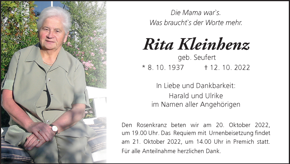  Traueranzeige für Rita Kleinhenz vom 15.10.2022 aus MGO