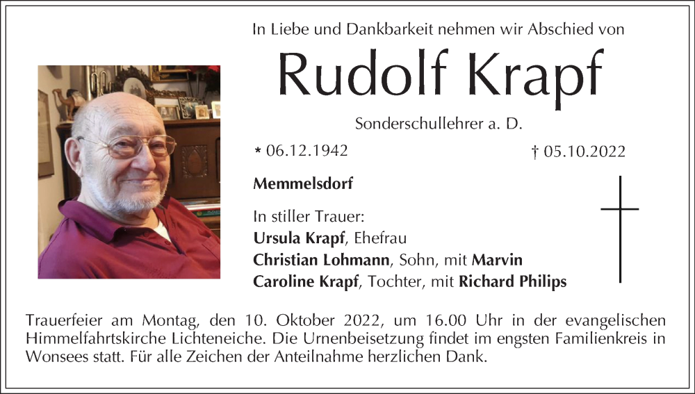  Traueranzeige für Rudolf Krapf vom 08.10.2022 aus MGO