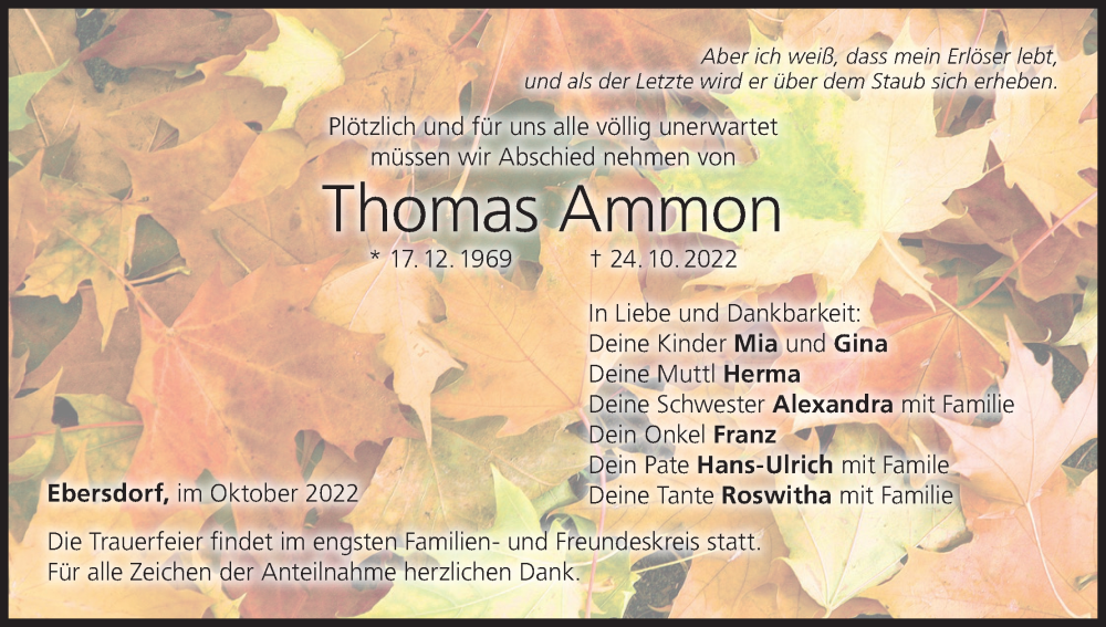  Traueranzeige für Thomas Ammon vom 29.10.2022 aus MGO