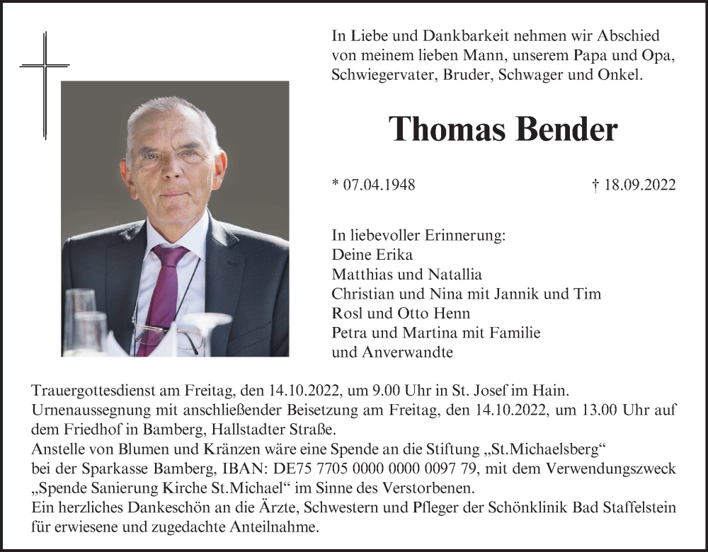  Traueranzeige für Thomas Bender vom 08.10.2022 aus MGO