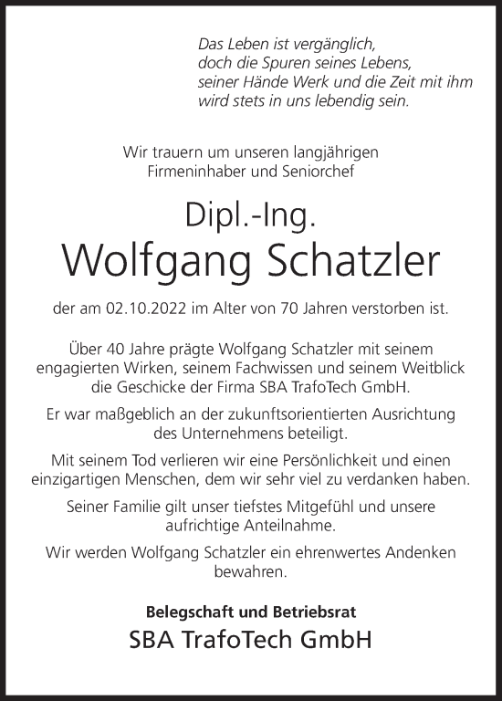 Anzeige von Wolfgang Schatzler von MGO