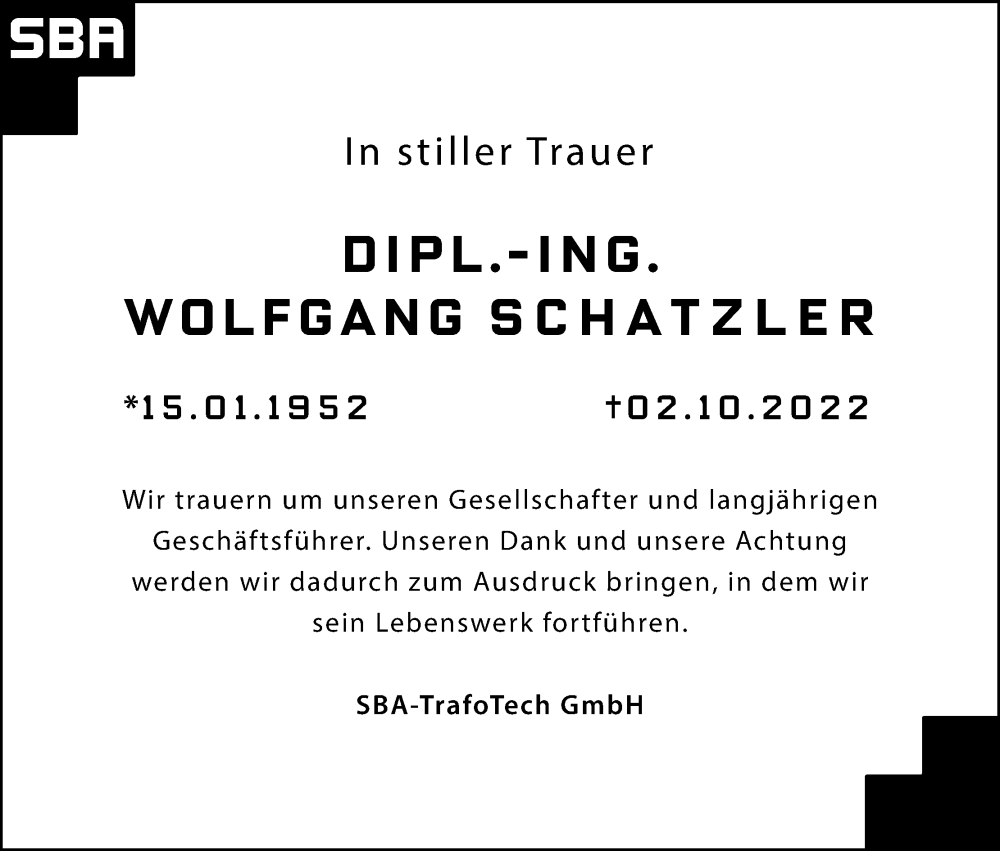  Traueranzeige für Wolfgang Schatzler vom 08.10.2022 aus MGO