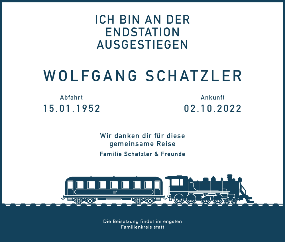  Traueranzeige für Wolfgang Schatzler vom 08.10.2022 aus MGO