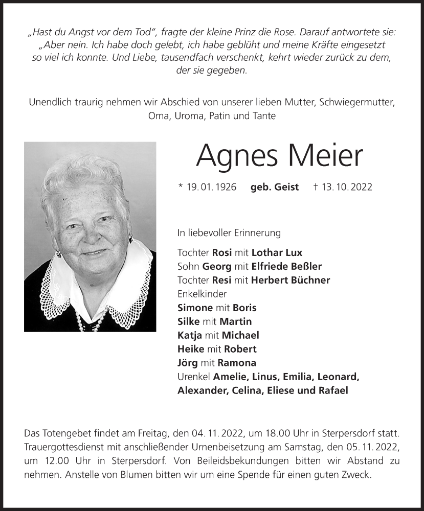  Traueranzeige für Agnes Meier vom 01.11.2022 aus MGO