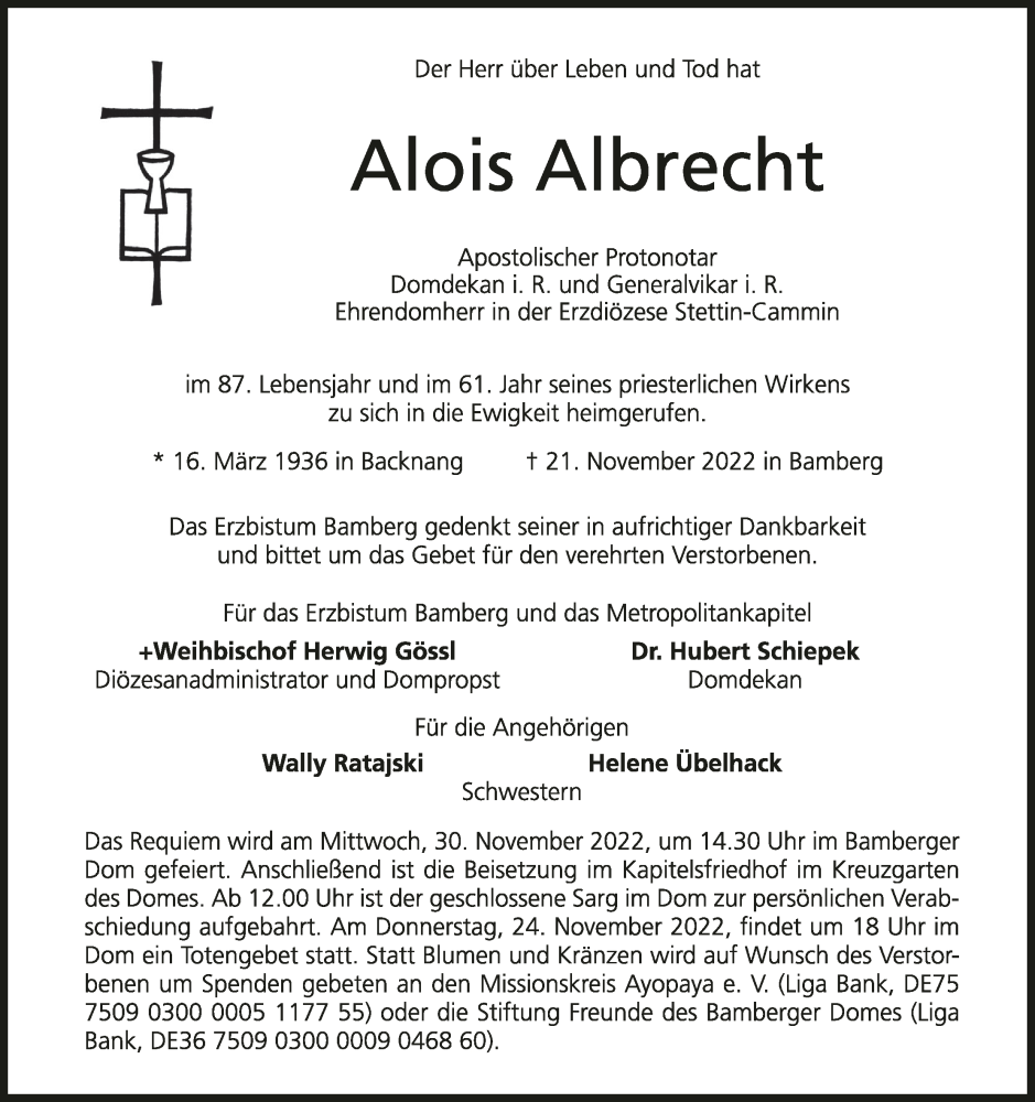  Traueranzeige für Alois Albecht vom 23.11.2022 aus MGO