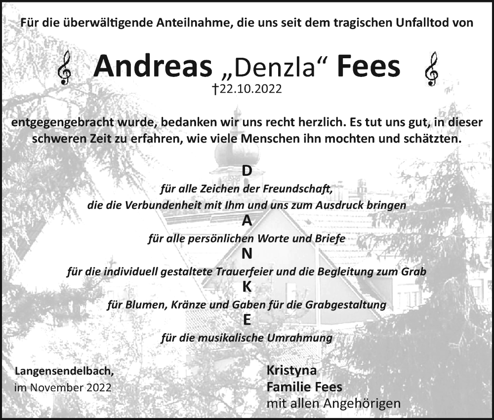  Traueranzeige für Andreas  Fees vom 12.11.2022 aus MGO