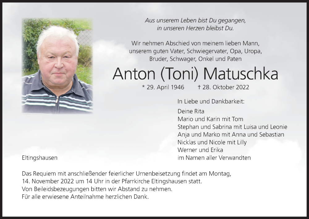  Traueranzeige für Anton Matuschka vom 05.11.2022 aus MGO