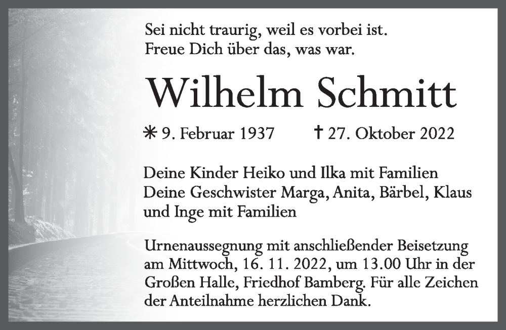  Traueranzeige für Wilhelm Schmitt vom 12.11.2022 aus mgo