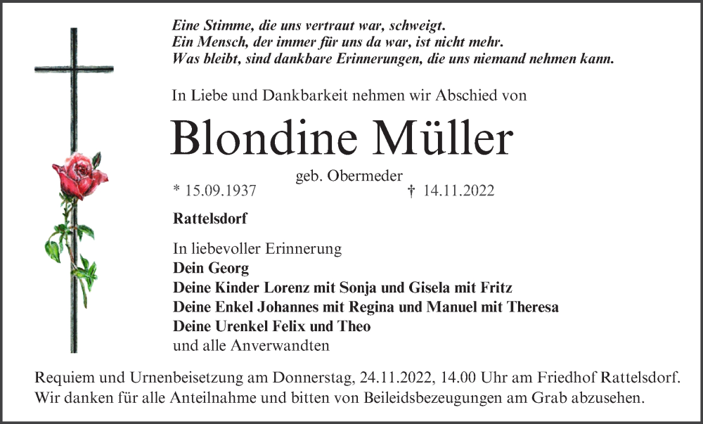 Traueranzeige für Blondine Müller vom 19.11.2022 aus MGO