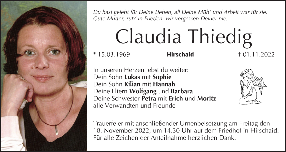  Traueranzeige für Claudia Thiedig vom 12.11.2022 aus MGO