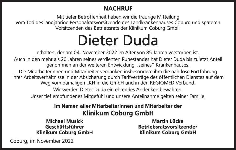  Traueranzeige für Dieter Duda vom 26.11.2022 aus MGO