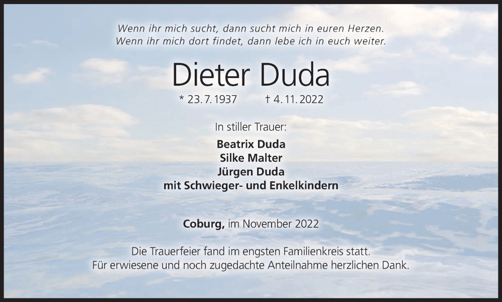  Traueranzeige für Dieter Duda vom 19.11.2022 aus MGO